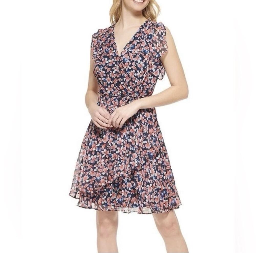 Tommy Hilfiger Women’s Floral Faux Wrap Dress Size 6 Navy Pink Ruffle V-Neck